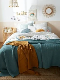 Couvre-lit Nid D'abeille Gaufrette Bleu Vert - Vertbaudet -Vertbaudet Boutique couvre lit nid dabeille gaufrette 3